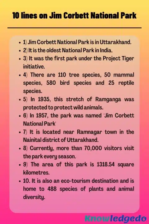 10 lines on Jim Corbett National Park