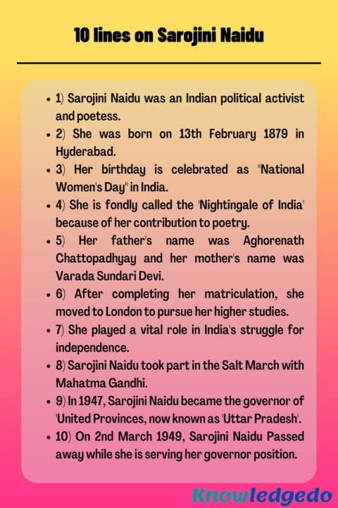10 lines on Sarojini Naidu