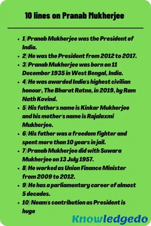 10 lines on Pranab Mukherjee in English