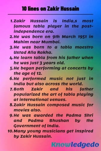 10 lines on Zakir Hussain in English