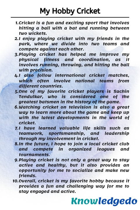 my hobby is cricket essay 100 words