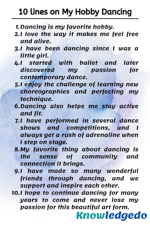 essay on my hobby dancing for class 9